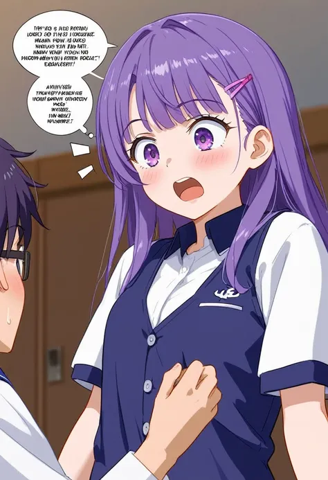 A anime cutscene of a Purple haired anime Girl Wearing Black and purple high school Student council outfit talking to a Nerdy boy who is shocked 