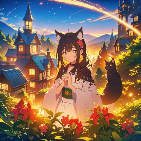 kawaii, anime, Cute, hyper quality, highly detailed, 8k, Front facing, Clarity, brown long hair, green eyes, smile, whole body, Cat ear, amaryllis, Amaryllis grows in clumps, top of the hill, A black cat near the girl, Cat ears stick out from the witchs ha...