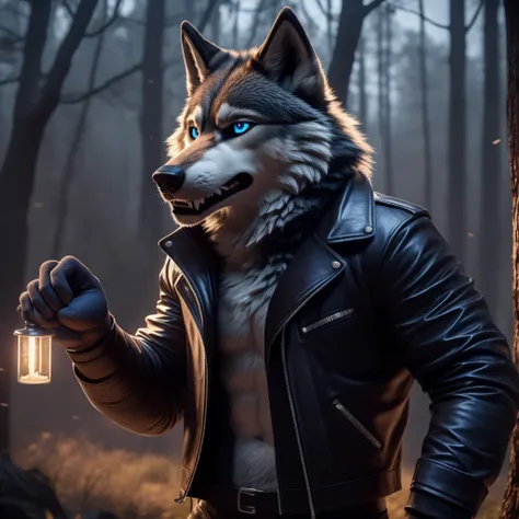 posing male, 30 years old, cute, eyeliner, black leather jacket, anthro, wolf ears, (black fur:1.5), wolf, forest background, 8k...