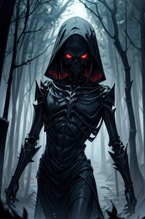 Imagine a dark and mysterious scene where a skeleton stands out. He is draped in an elegant black suit with slender red details, fitted perfectly to his skeleton, giving him an intriguing and formal appearance. The dark fabric contrasts with the white bone...