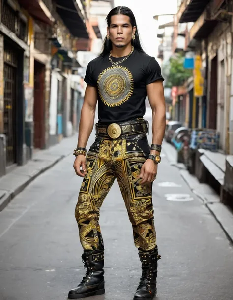 Rocker man with t-shirt with prints of Colombian indigenous designs, like the muiscas, only gold colors, silver and black in the design with the prints Black military pants, co belt. rear chains, buckles and studs.
Military boots or black tennis shoes 