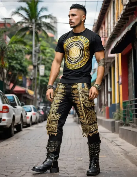 Rocker man with t-shirt with prints of Colombian indigenous designs, like the muiscas, only gold colors, silver and black in the design with the prints Black military pants, co belt. rear chains, buckles and studs.
Military boots or black tennis shoes 