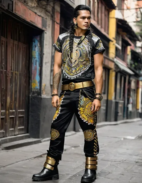 Rocker man with t-shirt with prints of Colombian indigenous designs, like the muiscas, only gold colors, silver and black in the design with the prints Black military pants, co belt. rear chains, buckles and studs.
Military boots or black tennis shoes 