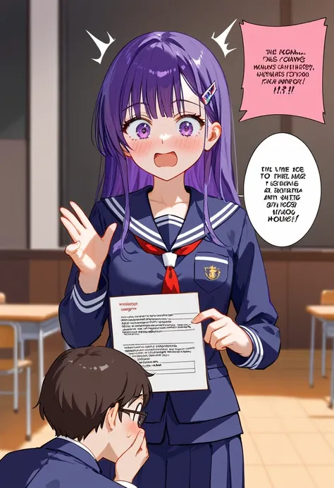 A anime cutscene of a Purple haired anime Girl Wearing Black and purple high school Student council outfit talking to a Nerdy boy who is shocked 