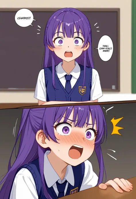 A anime cutscene of a Purple haired anime Girl Wearing Black and purple high school Student council outfit talking to a Nerdy boy who is shocked 