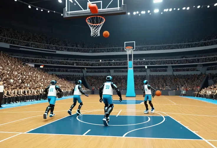 A scene from a Primitive Robots Basketball Game, Primitive Simple Robots Playing Basketball, Game-Winning Dunk Robot, Bottom view, Detailed, Clear, Texture smoothing, 4k