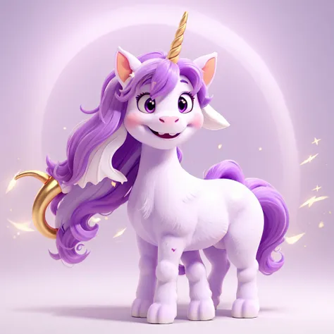 just a cute looking unicorn with purple manes and an all white body with a golden horn right in the middle and white wings 