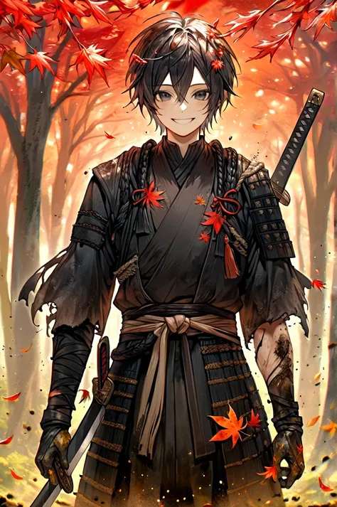 Ronin, Dirty, Long Hakama, Boy, Two sword, black eyes, black samurai hair, ragged body, Torn clothes, Smile, Maple leaf background, Nature Background.