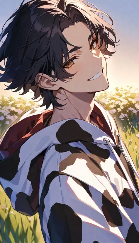 Solo,handsome, 
1. male,
bangs,straight hair,Bob Hair,the back of ones neck,
black hair, 
Gojo Satoru ,
brown Eyes,Soft look,
beautiful,sexly,Darkness,smile,Have a alcohol drink,
cow-patterned clothes, Full Zip Hoodie,morning sun,simple background ,
meadow...