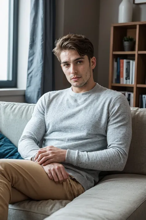 realistic photo of handsome men , sitting on sofa ,office living room