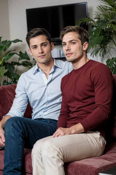 realistic photo of handsome men , sitting on sofa ,office living room