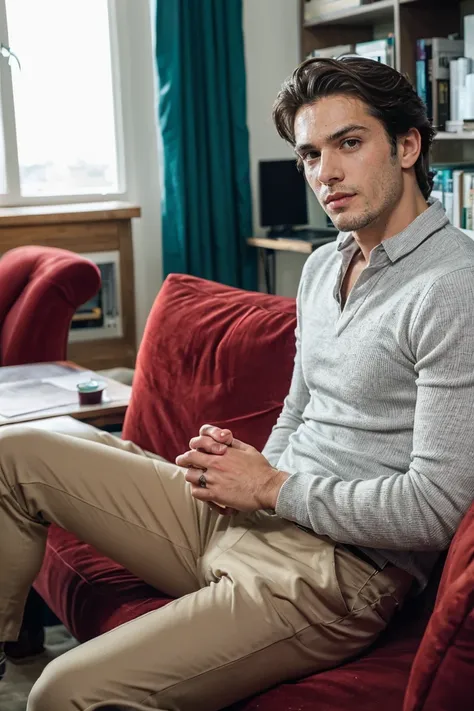 realistic photo of handsome men , sitting on sofa ,office living room