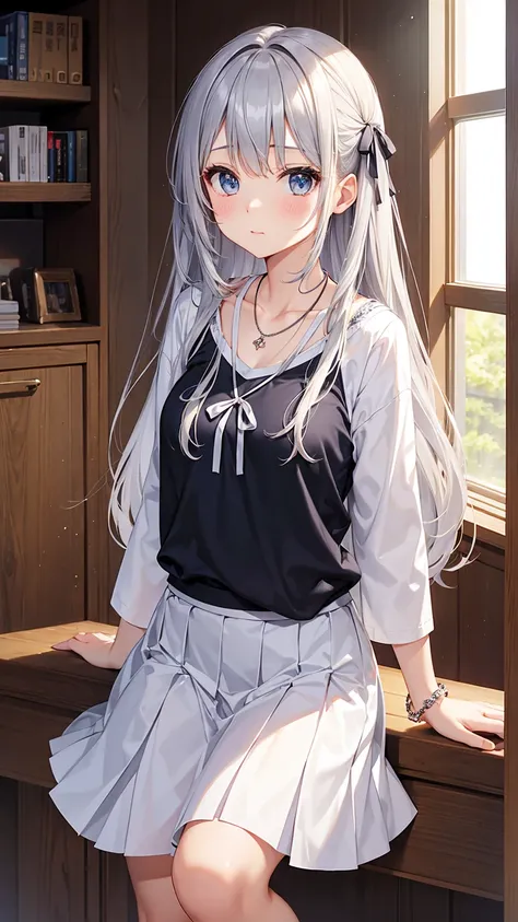 adult girls、long silver hair、huge 、student shirts、ribbon、skirt、necklace