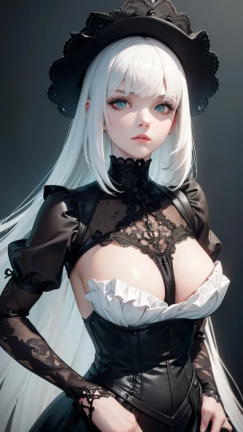 girl with white hair, with bangs, black gloves,  green eyes, gothic, dress,4K, masterpiece, perfect body, stem,perfect eyes, perfect shading, perfect lighting, best quality, work of art, ultra detailed, detailed clothing