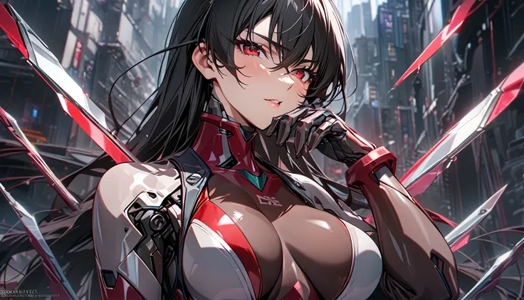 adult girl, long black hair, red eyes, cyborg, very tight transparent batllesuit, cyber blades on hands, transparent elements, m...