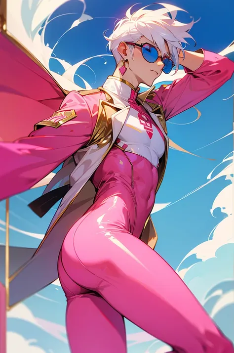 Adult male，Off-white hair，Eyes as blue as the sky，Pink sunglasses，Pink suit，Gold round earrings，Host