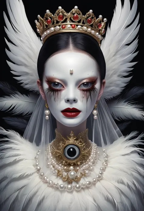 (masterpiece, best quality:1.2),Grotesque Aesthetics:1.56，Thriller， Ugly faceless person，There are many eyeballs growing on the skin of the face，teeth， Solitary，black background，crown，veil，hand，Pearl Necklace，Feather wings