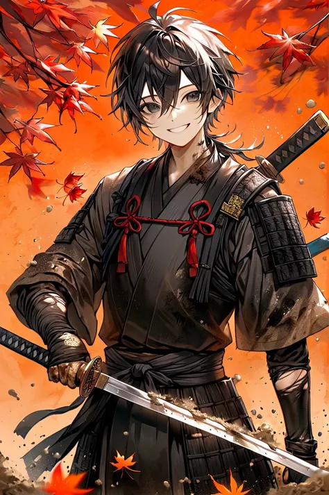 ronin, dirty, long hakama, boy, two sword, black eyes, black samurai hair, ragged body, torn clothes, smile, maple leaf backgrou...