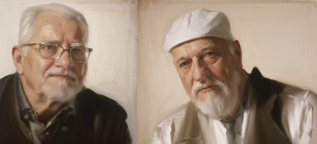 oil painting of two old men ((best work of art)) ((two elderly men)) ((white background)) brown hair, modern, current white back...