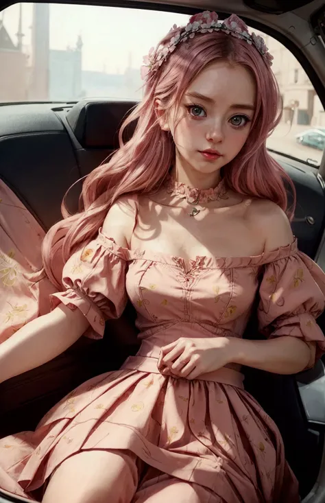 anime girl in a car wearing a pink dress and tiable, artwork in the style of guweiz, beautiful anime girl, animated style. 8k, realistic anime art style, cute anime waifu with a nice dress., animated style 4 k, cute anime girl, realistic anime art style, B...