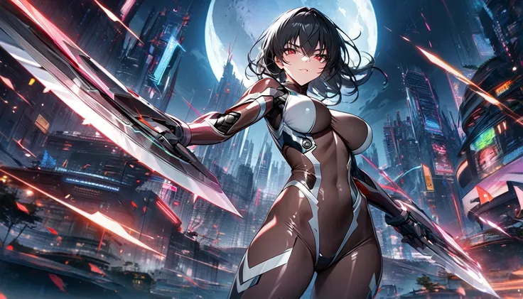 Adult girl, long black hair, red eyes, cyborg, very tight transparent batllesuit, cyber blades on hands, transparent elements, Masterpiece, best quality, Full HD, 8k, ultra details, great graphic, asagi igawa, taimanin suit, bodystocking, futuristic city, ...