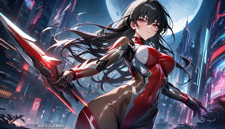 adult girl, long black hair, red eyes, cyborg, very tight transparent batllesuit, cyber blades on hands, transparent elements, m...