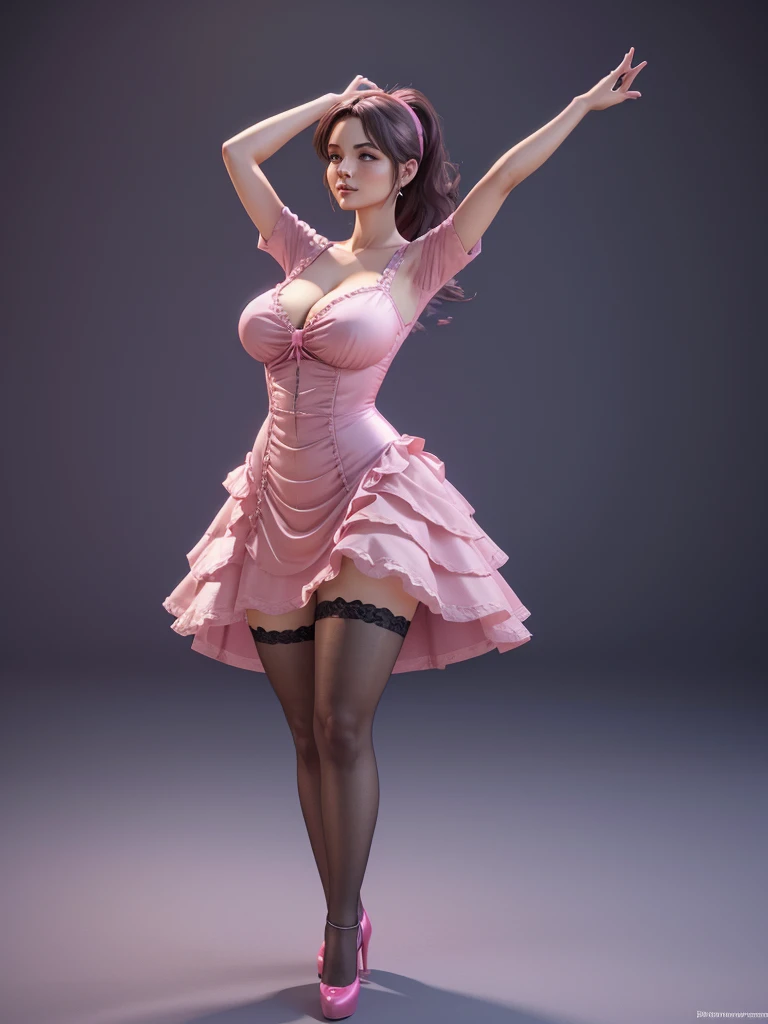 arafed woman in a pink dress and stockings is posing, a 3D render inspired by Esaias Boursse, deviantart contest winner, conceptual art, 3 d render of a full female body, she is dancing. realistic, curvy figure, realistic shaded perfect body,