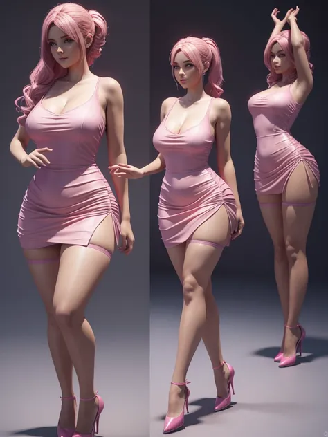 arafed woman in a pink dress and stockings is posing, a 3D render inspired by Esaias Boursse, deviantart contest winner, conceptual art, 3 d render of a full female body, she is dancing. realistic, curvy figure, realistic shaded perfect body,