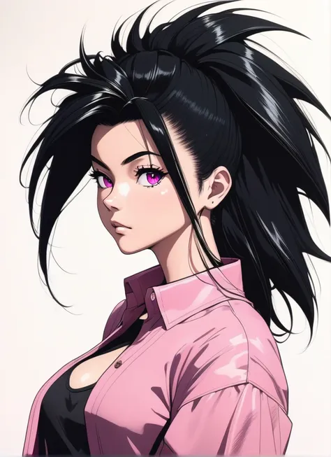 a drawing of a woman with very long hair and a pink blouse, saiyan girl, wild and spiky black saiyan hair, female goku, akira toriyama style, toriyama akira, dragon ball character, anime style character, toriyama akira 📹, fubuki, inspired by Akira Toriyama...