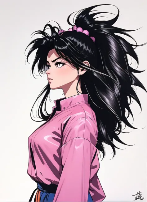 a drawing of a woman with very long hair and a pink blouse, saiyan girl, wild and spiky black saiyan hair, female goku, akira toriyama style, toriyama akira, dragon ball character, anime style character, toriyama akira 📹, fubuki, inspired by Akira Toriyama...