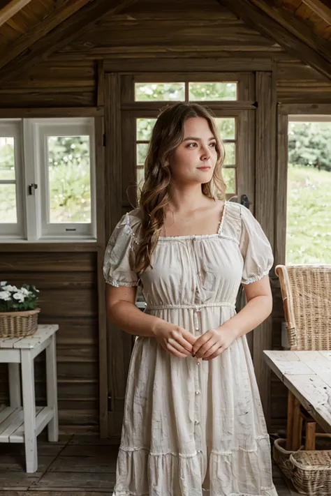 A beautiful woman with light delicately filtering through her hair, her summer dress is beautiful and shes standing in front of a cottage