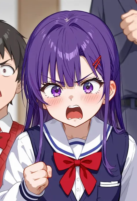 A anime cutscene of a Purple haired anime Girl Wearing Black and purple high school Student council outfit Looking fiercly at Him and glaring at him to a Nerdy boy who is shocked 