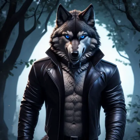 Posing, Male, 30 years old, eyeliner, black leather jacket, anthro, wolf ears, (black fur:1.5), wolf, forest background, 8k, hi res, (best quality, masterpiece), (wolf tail:1.5), detailed fur, solo, blue jeens, blue eyes, collar, evil grin, crazy expressio...