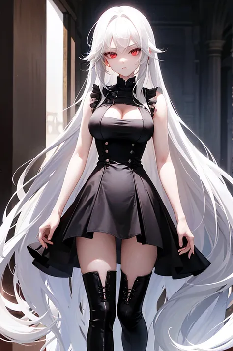 Girl, 20 years old, with long white hair down to below her waist, a serious yet tender expression, and red eyes. Her hair features black streaks. She wears antique-style clothing, a long black dress with a slit on the legs, and high black boots that almost...