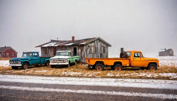 desolate, deserted atopy, as snow falls and dense fog moves, houses on the side of the road, abandoned trucks, (apocalyptic image), (vibrant colors) ethereal, photo realistic detailed image, sharp focus, studio photography, xf iq 4, 1 5 0 0 0 0 mp, 5 0 mm,...