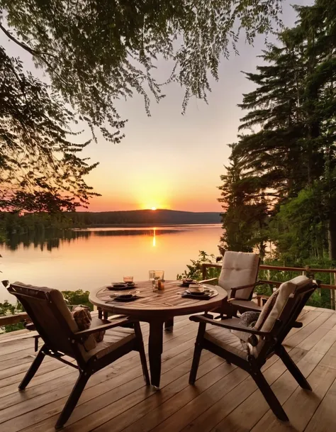 a close up of a wooden deck with chairs and a table, setting in nature, sunset view, beautful view, beautiful place, summer lake setting, peaceful environment, all in the amazing outdoors view, sunset time, chill time. good view, gorgeous view, instagram p...