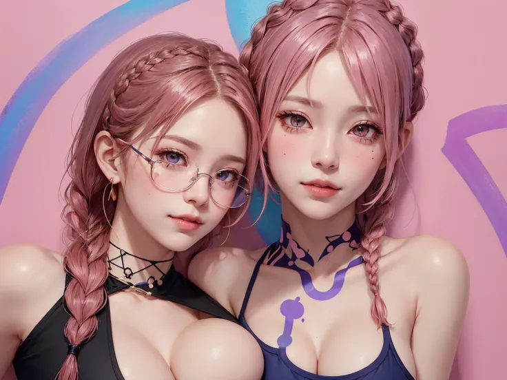 (Masterpiece, best quality, 1 girl, alone, complicated details, Chromatic aberration), realistic, ((Moderate breath)),long hair, pink hair, Red headpiece, Pink Highlights, hair on one eye,purple eyes, earring, sharp eyes, choker, Neon coat, She wears a col...