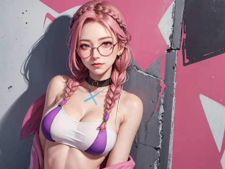 (Masterpiece, best quality, 1 girl, alone, complicated details, Chromatic aberration), realistic, ((Moderate breath)),long hair, pink hair, Red headpiece, Pink Highlights, hair on one eye,purple eyes, earring, sharp eyes, choker, Neon coat, She wears a col...