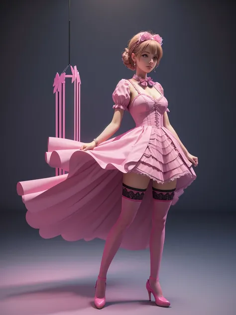 arafed woman in a pink dress and stockings is posing, a 3D render inspired by Esaias Boursse, deviantart contest winner, conceptual art, 3 d render of a full female body