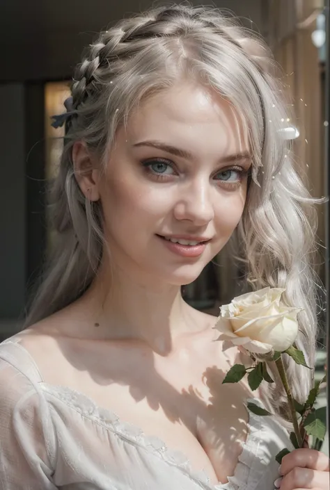 (((ultra realistic))) Photo, masterpiece, top quality, pale skin, (Ultra detailed face and eyes:1.2), 1 girl, she has a cute smile, ((beautiful teeth smile, smiling, open mouth)) , full white hair, gloomy atmosphere, flowers garden background, (Eye makeup,...