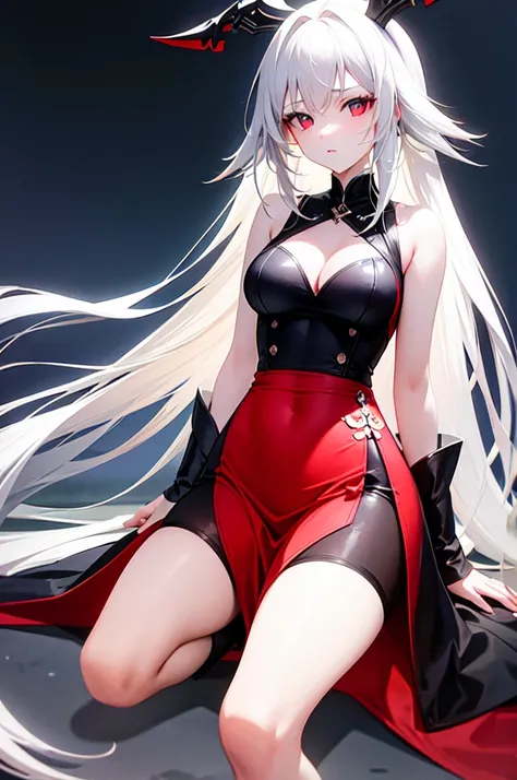 Girl, 20 years old, with long white hair down to below her waist, a serious yet tender expression, and red eyes. Her hair features black streaks. She wears antique-style clothing, a long black dress with a slit on the legs, and high black boots that almost...