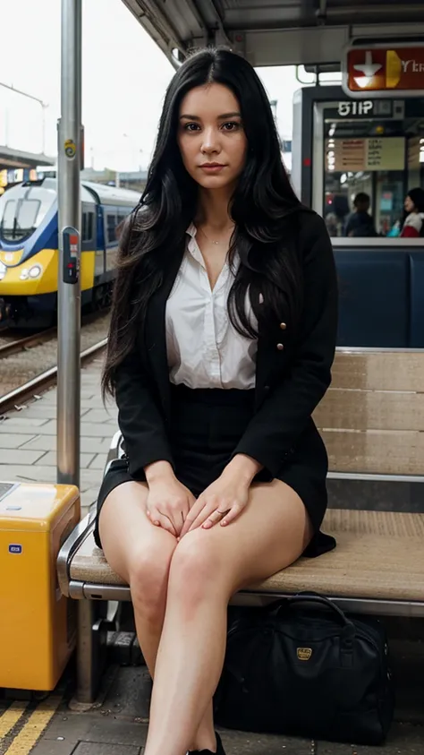 British lady with long black hair sitting at the train station in London 