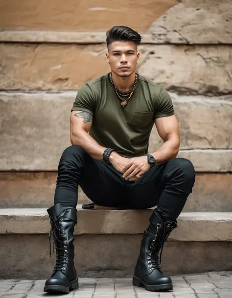 Rocker man with black t-shirt or shirt, black military pants, Café, camel, military green and black military boots Accessories such as indigenous details on the shirt