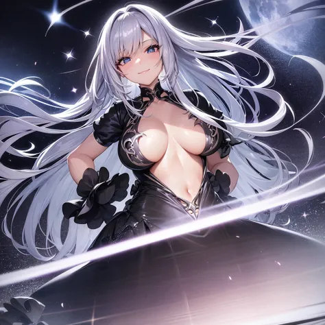 Mature Woman、STAR、Asuna、Silver Hair、makeup、Big Breasts。
Smiling expression。Bending pose。
Dress Costume、Black Suit、Glossy clothing。Glossy Skin。Moonlight。Low - Angle。
bloom effect。super high quality。Ultra-high resolution。