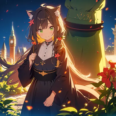 kawaii, anime, Cute, hyper quality, highly detailed, 8k, Front facing, Clarity, brown long hair, green eyes, smile, whole body, Cat ear, amaryllis, Amaryllis grows in clumps, top of the hill, A black cat near the girl, Cat ears stick out from the witchs ha...