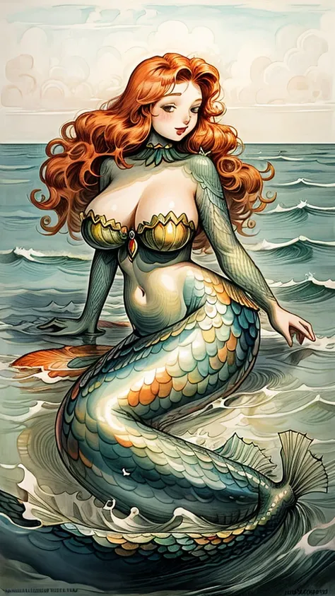 Beautiful ((mermaid)), 20 years old, long wavy ginger hair, curvy body, voluptuous, (giant breasts:1.2), visible breasts, fantasy, (extremely detailed), (masterpiece), high quality, digitalart, seaside