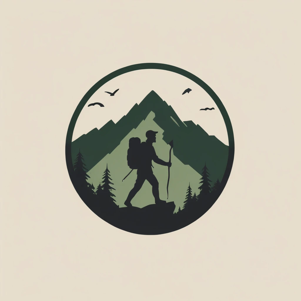 logo,
A logo for a bushcraft video channel, Man walking, moutain, wilderness, ax, wilderness-themed colors (green dark, beiges) 
),LogoVermelhoAF
, written Brushcrat Brasil