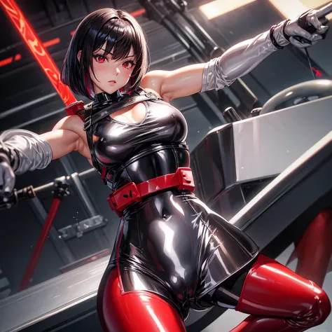 solo girl,Glossy metalic light silver tank top, tight latex shiny, Red interpolation color,Black hair bob,red eyes, camel toe, Samurai Sword,
Lift one leg, sexy lady, โชว์กางเกงใน girl,