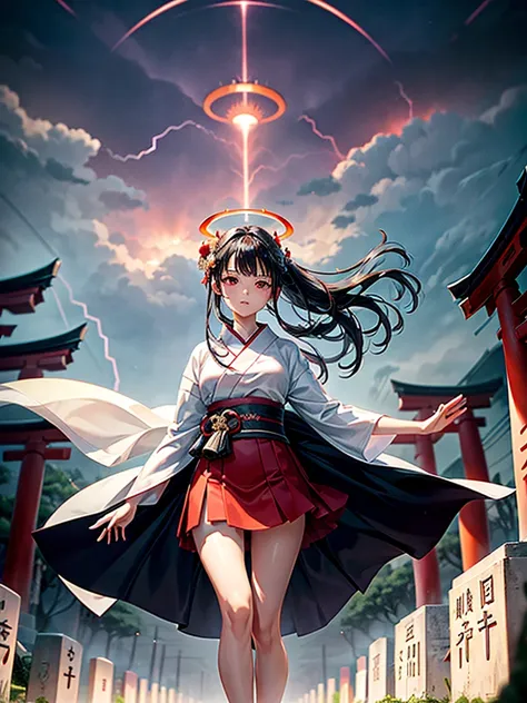 Highest Resolution,Highest quality,A beautiful girl with no expression in a white kimono,No legs,Floating in the air,Very beautiful red eyes,Black Hair,Halo,thunderstorm,Bad weather,Cemetery,A road lined with gravestones,Red Torii Gate,Company,Bamboo grove...