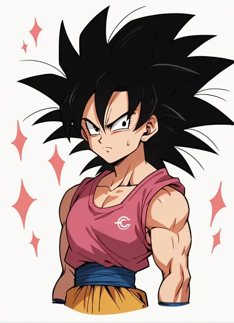 a drawing of a woman with very long hair and a pink blouse, saiyan girl, wild and spiky black saiyan hair, female goku, akira to...